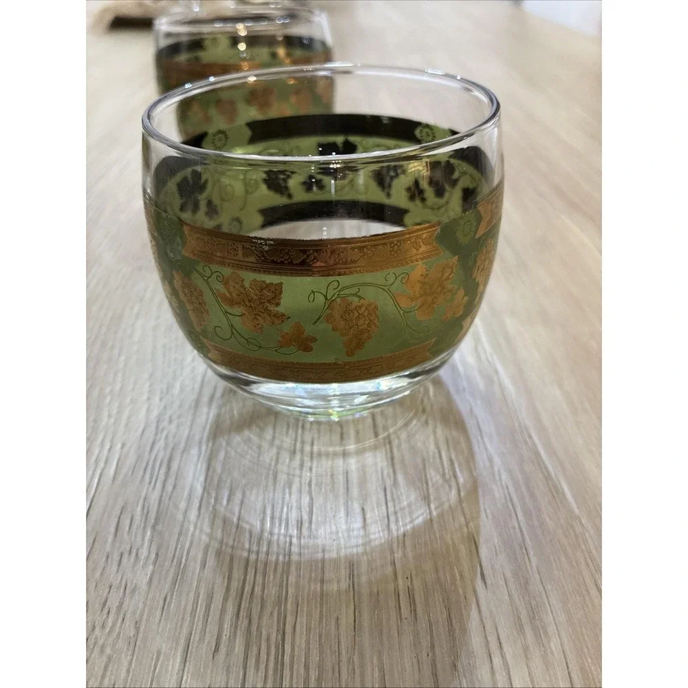 4pc VTG 60s MCM Roly Poly Cera Glass 22K Golden Grapes Green Highball Tumbler